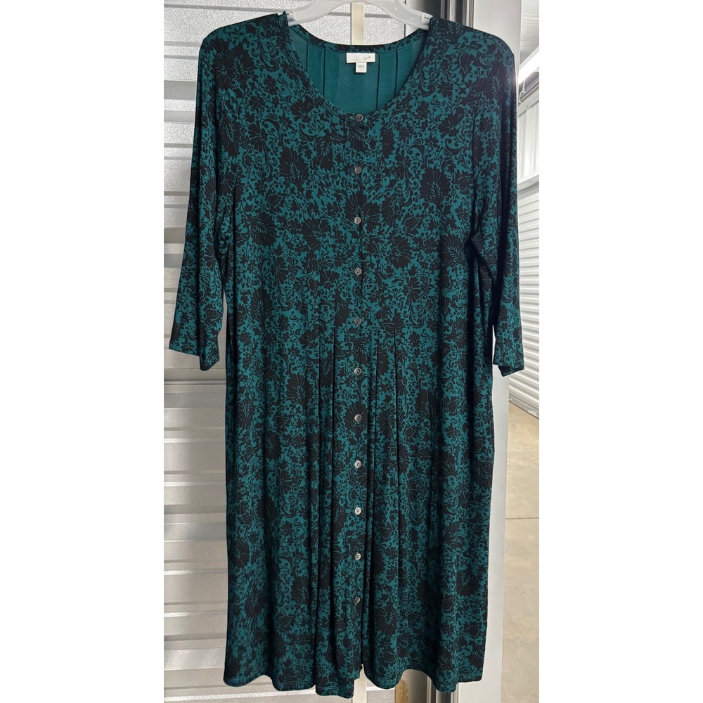 J. Jill Teal Black Floral Damask Button Front Midi Dress L Knit 3/4 Sleeve